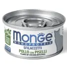 80гр Консервы Monge Cat Monoprotein беззерновые для взрослых кошек "Мясные Хлопья" из мяса Курицы с горошком