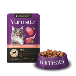 85гр Корм Yumster для кошек выведение шерсти, мясные кусочки с Ягненком и добавлением трав в соусе
