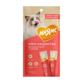 1+1=3 Крем-лакомство Мнямс для кошек и котят с тунцом "Кацуо" и Креветками