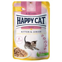 85гр Корм влажный Happy Cat Kitten&Junior LandGeflügel для котят мясные кусочки в соусе из фермерской птицы
