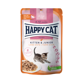 85гр Влажный корм Happy Cat Kitten & Junior LandEnte полнорационный беззерновой для котят с мясными кусочками Утки в соусе