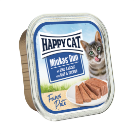 100гр Консервы Happy Cat Minkas DUO беззерновые для взрослых кошек с Говядиной и лососем, паштет