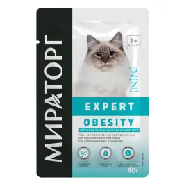 80гр Влажный корм Мираторг Expert Obesity полнорационный для взрослых кошек всех пород при избыточном весе и ожирении «Бережная забота об оптимальном весе» с Курицей и говядиной
