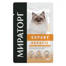 80гр Влажный корм Мираторг Expert Hepatic полнорационный для взрослых кошек всех пород «Бережная забота о здоровье печени» с Курицей и индейкой