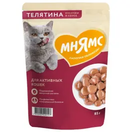 85гр Влажный корм Мнямс для взрослых кошек кусочки в соусе с Телятиной