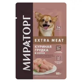 85гр Влажный корм Мираторг Extra Meat полнорационный для взрослых собак мелких пород с чувствительным пищеварением, соус с Куриной грудкой