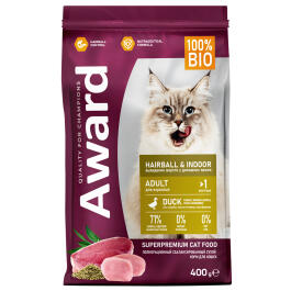 1+1 0,4кг Корм Award Hairball & Indoor для взрослых кошек для выведения шерсти с Уткой и Индейкой с добавлением зеленой чечевицы и Юкки Шидигера