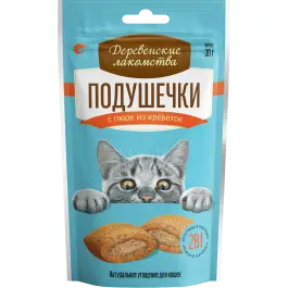 30г Лакомство "Деревенские лакомства" для кошек подушечки с пюре из Креветок