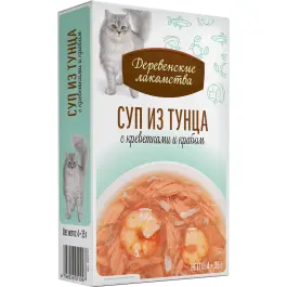 4*35г Лакомство "Деревенские лакомства" для кошек суп из Тунца с Креветками и Крабом