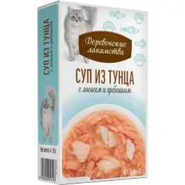 4*35г Лакомство "Деревенские лакомства" для кошек суп из Тунца с Лососем и Гребешком