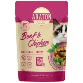 85г Влажный корм ARATON Adult для кошек всех пород с Говядиной и Курицей кусочки в соусе