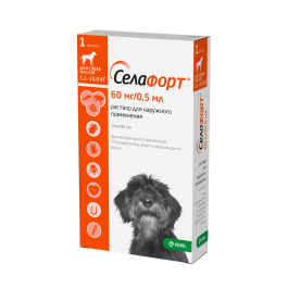 Капли на холку Селафорт KRKA от блох, клещей, глистов, а также при болезнях ушей и кожи для собак 5,1-10кг, 1шт*60мг/0,5мл
