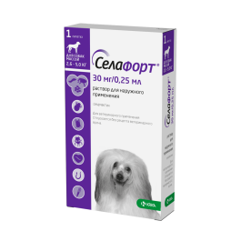 Капли на холку Селафорт KRKA от блох, клещей, глистов, а также при болезнях ушей и кожи для собак 2,6-5кг, 1шт*30мг/0,25мл