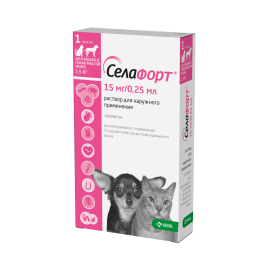 Капли на холку Селафорт KRKA от блох, клещей, глистов, а также при болезнях ушей и кожи для кошек и мелких собак до 2,5кг, 1шт*15мг/0,25мл