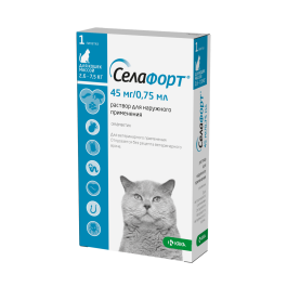 Капли на холку Селафорт KRKA от блох, клещей, глистов, а также при болезнях ушей и кожи для кошек 2,6-7,5кг, 1шт*45мг/0,75мл