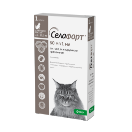 Капли на холку Селафорт KRKA от блох, клещей, глистов, а также при болезнях ушей и кожи для кошек 7,6-10кг, 1шт*60мг/1мл