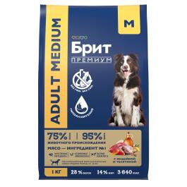 1кг Корм Brit Premium Dog Adult Medium для собак средних пород с индейкой и телятиной