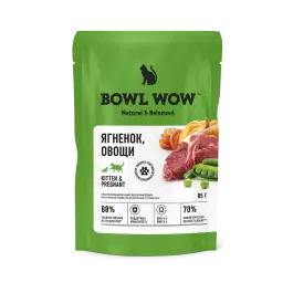 85г Влажный корм Bowl Wow для котят и беременных кошек кусочки с Ягнёнком и Овощами в соусе