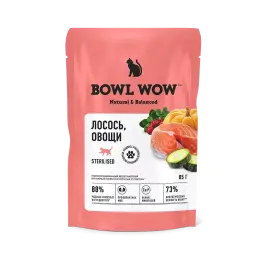 85г Влажный корм Bowl Wow для стерилизованных кошек кусочки с Лососем и Овощами в соусе