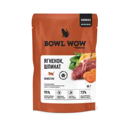 85г Влажный корм Bowl Wow для кошек с чувствительным пищеварением с Ягненком и Шпинатом в желе