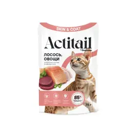 75г Влажный корм Actitail Skin&Coat для кошек для здоровой кожи и шерсти кусочки с Лососем и Овощами в соусе