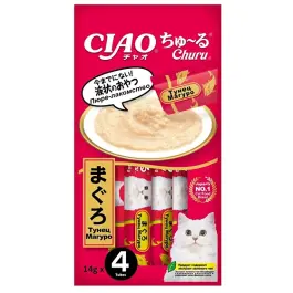 4*14г Лакомство-пюре INABA Ciao Churu для кошек для поддержания водного баланса с Тунцом Магуро