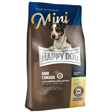 4кг Корм Happy Dog Mini Canada беззерновой, высококалорийный для взрослых собак мелких пород с чувствительным пищеварением с Лососем, кроликом, ягнёнком и мидиями