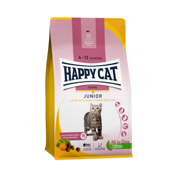10кг Корм Happy Cat Junior Land-Geflügel 36/18,5 полнорационный для котят с 4 до 12 месяцев с Птицей без злаков
