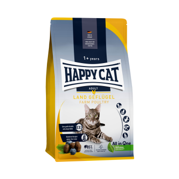 4кг Корм Happy Cat Culinary 1+ years Land Geflugel 33/15 для взрослых кошек с нежной Птицей свободного выгула, сочной черникой и ароматным одуванчиком