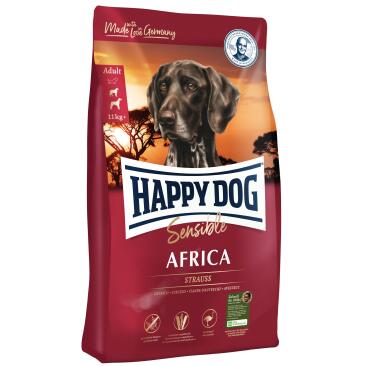 12,5кг Корм Happy Dog Sensible Africa 20/10 беззерновой для взрослых и пожилых собак средних и крупных пород с чувствительным пищеварением со Страусом и картофелем