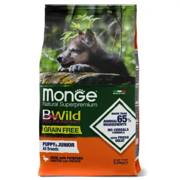 2,5кг Корм Monge Dog BWild Grain Free Puppy&Junior Duck/Potatoes беззерновой для щенков всех пород с Уткой и картофелем