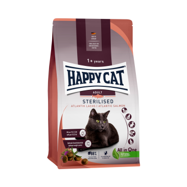 10кг Корм Happy Cat Sterilised Adult Atlantik-Lachs 37/10,5 для кастрированных котов и стерилизованных кошек с Лососем