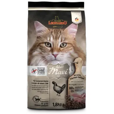 1,8кг Корм Leonardo Adult GF Maxi беззерновой для взрослых кошек крупных пород из мяса Птицы