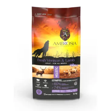 12кг Корм сухой холистик "AMBROSIA GRAIN FREE" для собак всех пород, Оленина, Ягненок