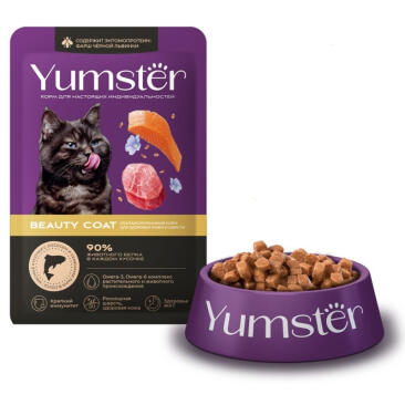 85гр Корм Yumster для здоровья кожи и шерсти кошек с лососем и льном в соусе