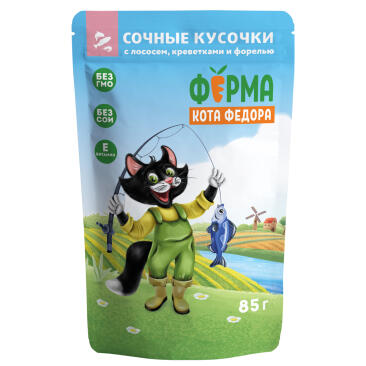 85гр Влажный корм Мнямс "Ферма кота Фёдора" для взрослых кошек "Рыбные кусочки" с Лососем, Креветками и Форелью