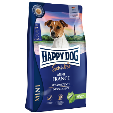 4кг Корм Happy Dog Mini France 24/12 беззерновой для взрослых собак мелких пород с чуствительным пищеварением с Уткой и картофелем