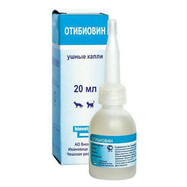 Капли ушные Биовета Отибиовин антибактериальные, для собак и кошек, 20мл