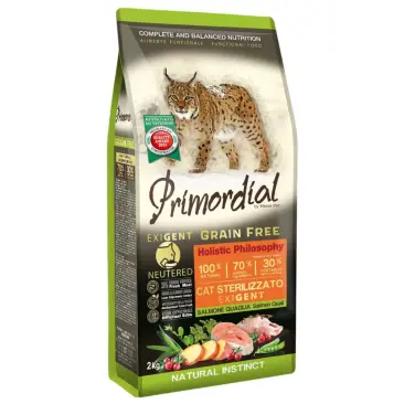 6кг Корм Primordial Cat Adult Neutered Exigent Quail & Salmon для стерилизованных, привередливых кошек Перепелка и Лосось