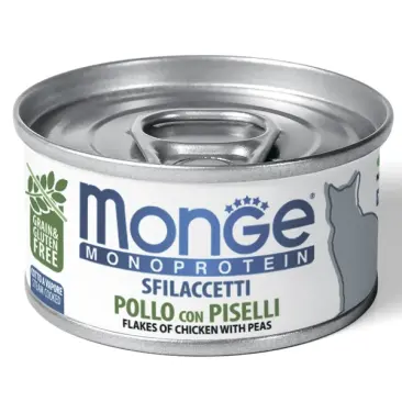 80гр Консервы Monge Cat Monoprotein беззерновые для взрослых кошек "Мясные Хлопья" из мяса Курицы с горошком