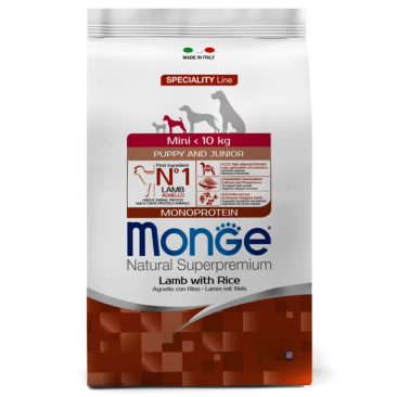 15кг Корм Monge Dog Monoprotein Mini Puppy&Junior Lamb/Rice для щенков мелких пород с 2 месяцев, c Ягненком и рисом