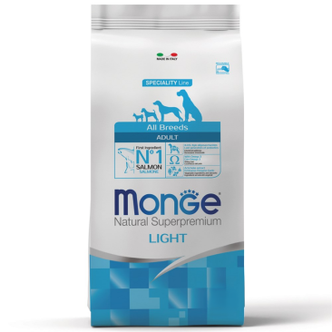 12кг Корм Monge Dog SP Light Adult Salmon/Rice для взрослых собак всех пород склонных к набору веса с Лососем и рисом