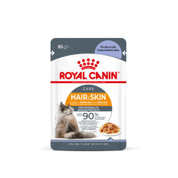 85г Влажный корм ROYAL CANIN Hair&Skin Care для взрослых кошек для поддержания здоровья кожи и шелковистости шерсти, в желе (пауч)