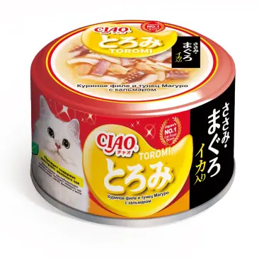 80гр Консерва INABA CIAO Toromi для кошек с Куриным филе, тунцом Магуро и кальмаром