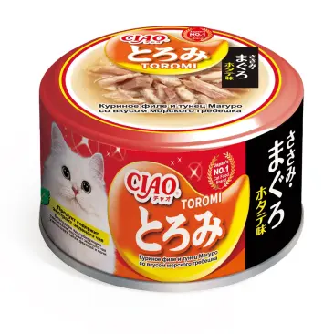 80гр Консерва INABA CIAO Toromi для кошек с Куриным филе, тунцом Кацуо и гребешком