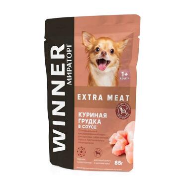 85гр Влажный корм Мираторг Extra Meat полнорационный для взрослых собак мелких пород с чувствительным пищеварением, соус с Куриной грудкой