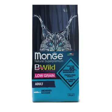 1,5кг Корм Monge Cat Bwild Low Grain Adult Anchovies низкозерновой для взрослых кошек с Анчоусами