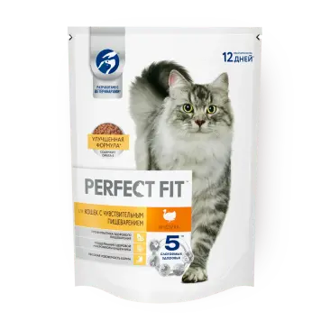 650гр Корм Perfect Fit для взрослых кошек с чувствительным пищеварением Индейка