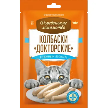 60гр Лакомство "Деревенские лакомства" для кошек, колбаски Докторские с нежным лососем