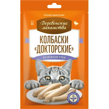 60гр Лакомство "Деревенские лакомства" для кошек, колбаски Докторские из нежной утки
